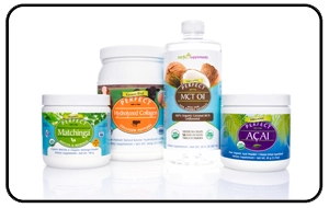Product photography of a group of health food products on a white background